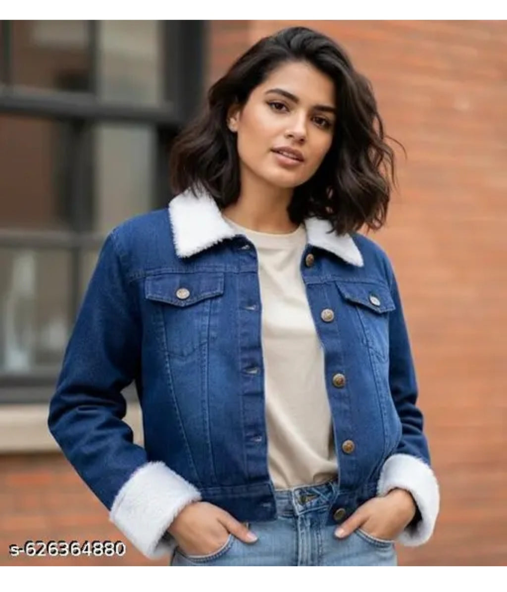 Women’s Denim Winter Jacket with Fur Collar & Cuffs | Full Sleeve